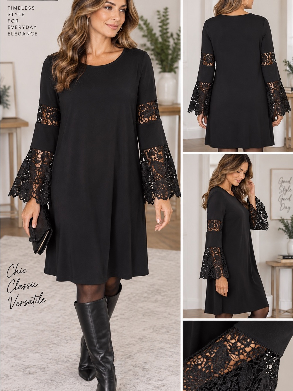 Alfani Black Lace-Trim Bell Sleeve A-Line Dress